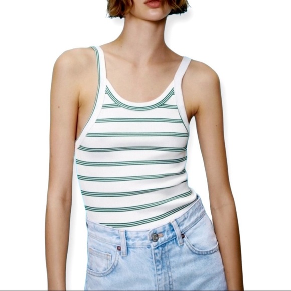 Zara Ribbed Striped Tank Top White and Green Size Large - Picture 1 of 10